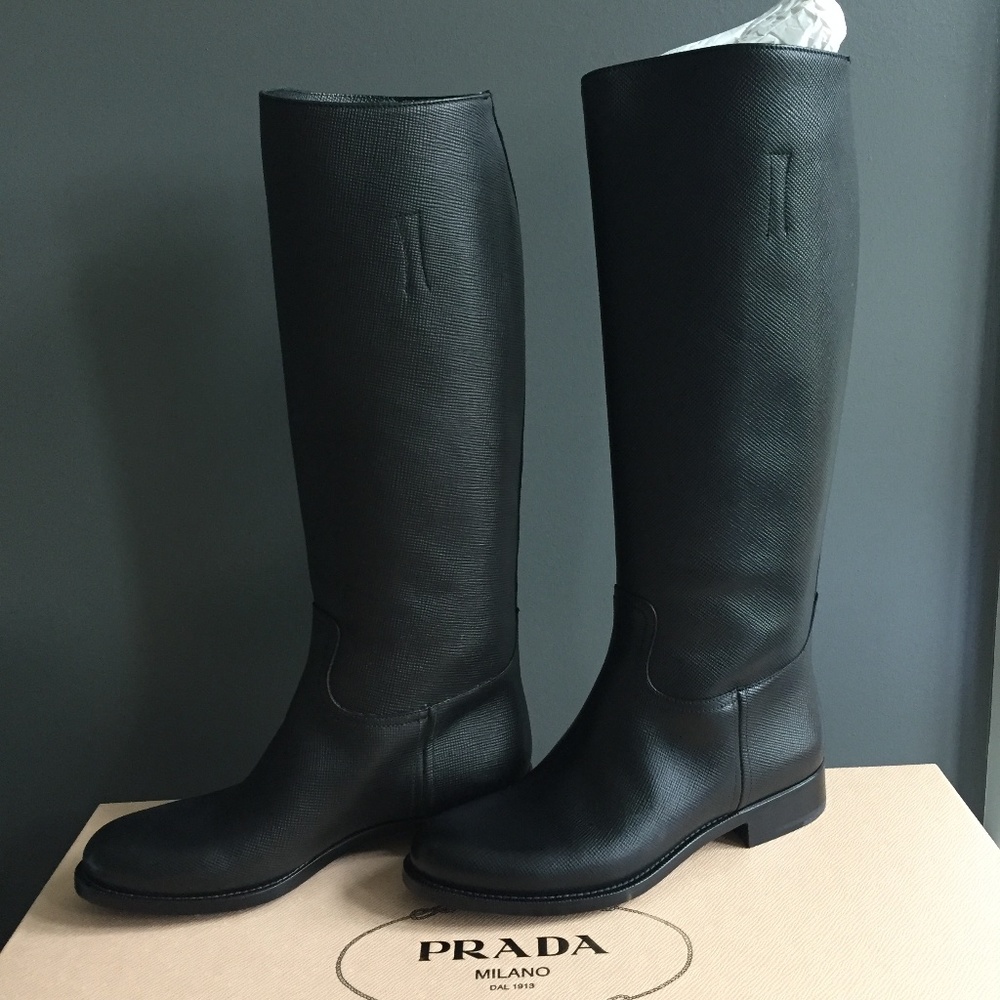 Prada Black Saffiano Leather Boots Size 8